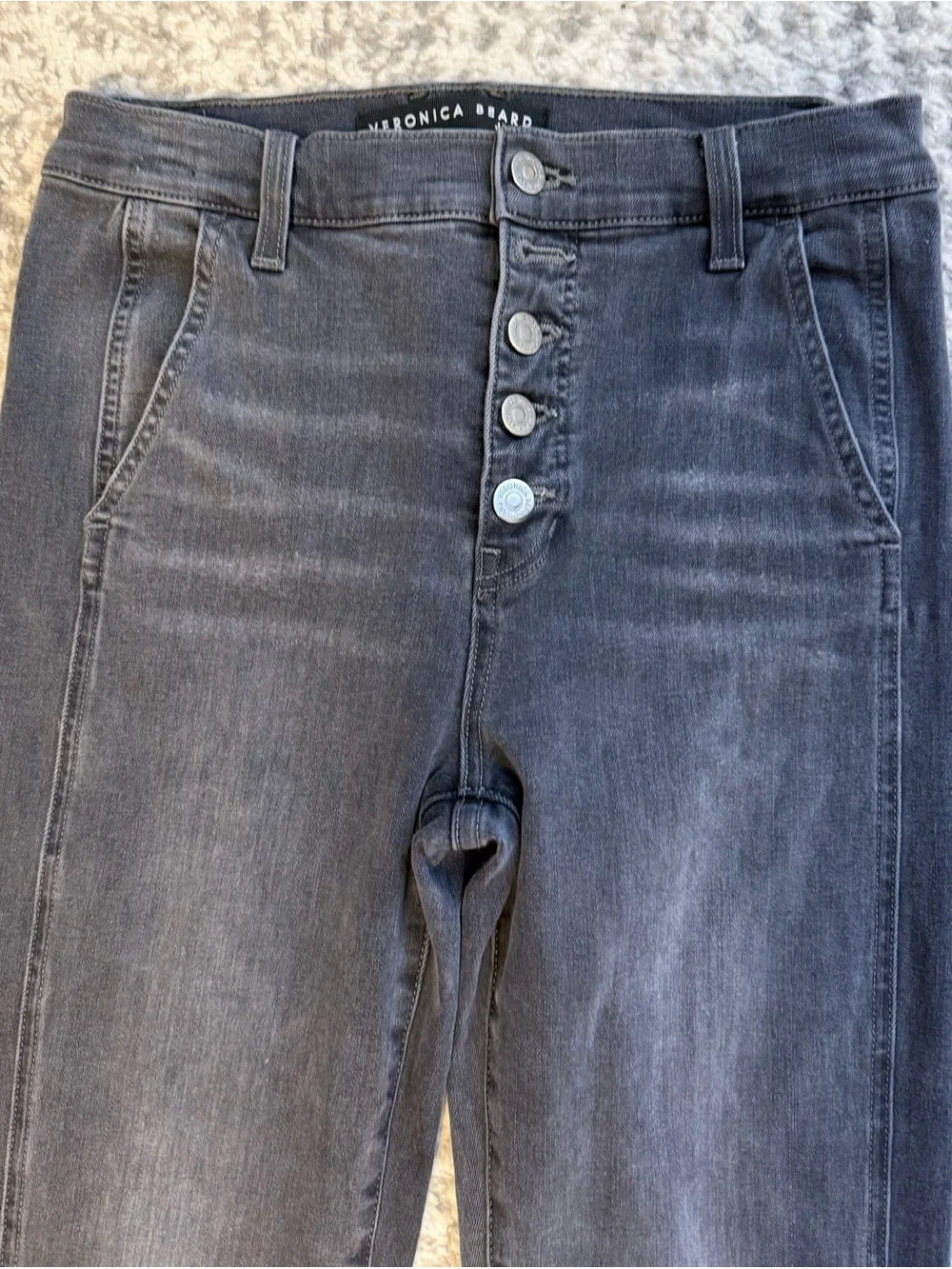 Veronica Beard Beverly Skinny Flare High Rise Jeans Size 27 Charcoal Gray Button